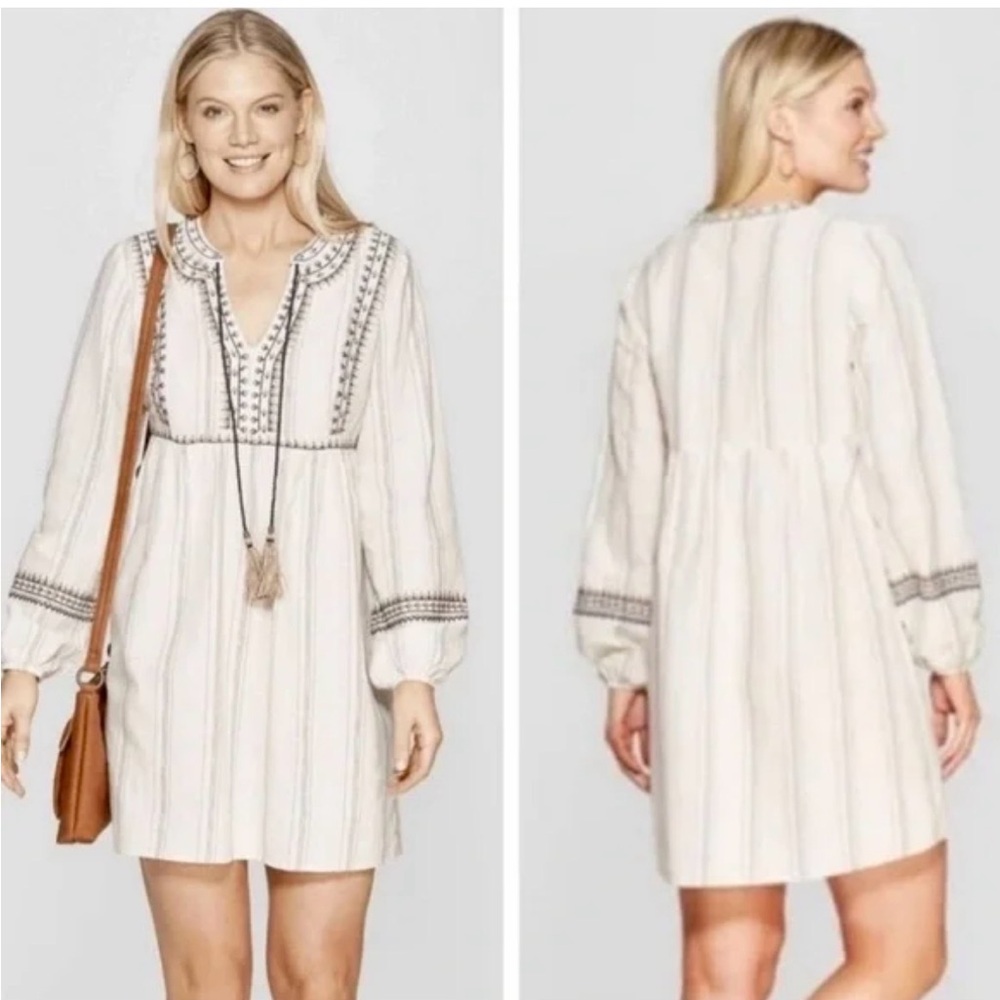 Knox Rose Boho Embroidered Peasant Dress Womens XS Beige Navy Tie Waist Tasse